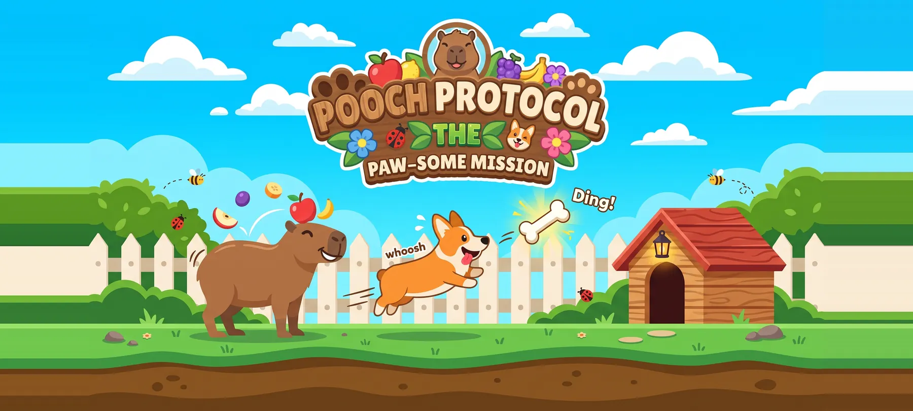 Pooch Protocol key art: a corgi leaps for a glowing bone while a capybara juggles fruit