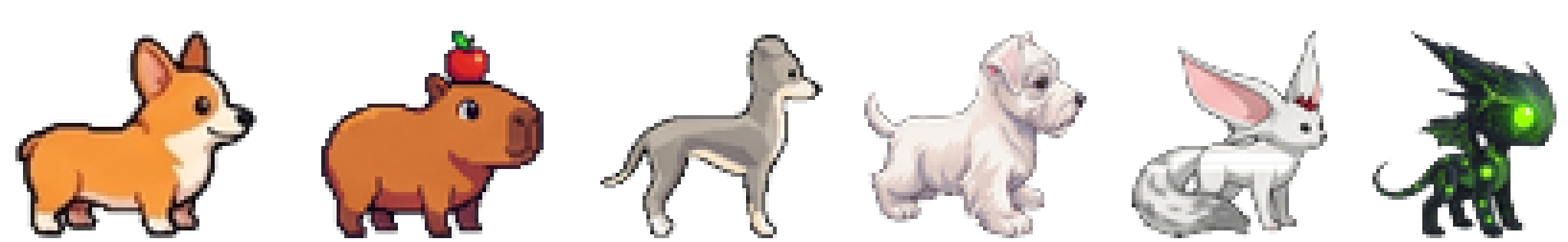 The six playable characters: Corgi, Capybara, Greyhound, Westie, Fennec and Dragon