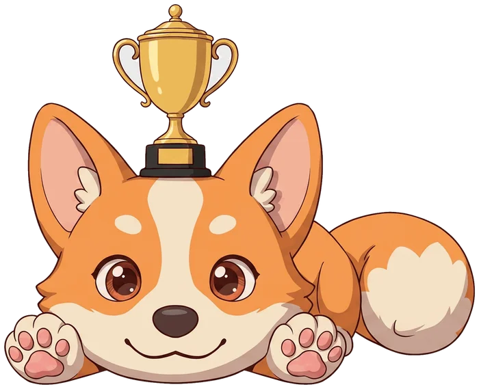Predingo mascot: a corgi with a trophy on its head peeking over the edge