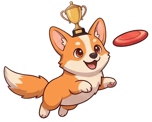 Corgi mascot leaping for a frisbee