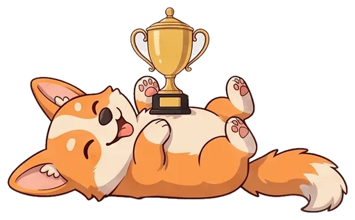 Corgi mascot rolling on its back with a trophy