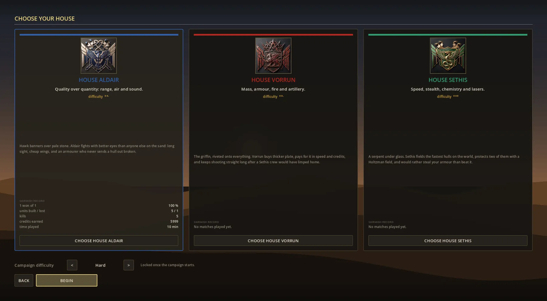 House selection screen showing Aldair, Vorrun and Sethis