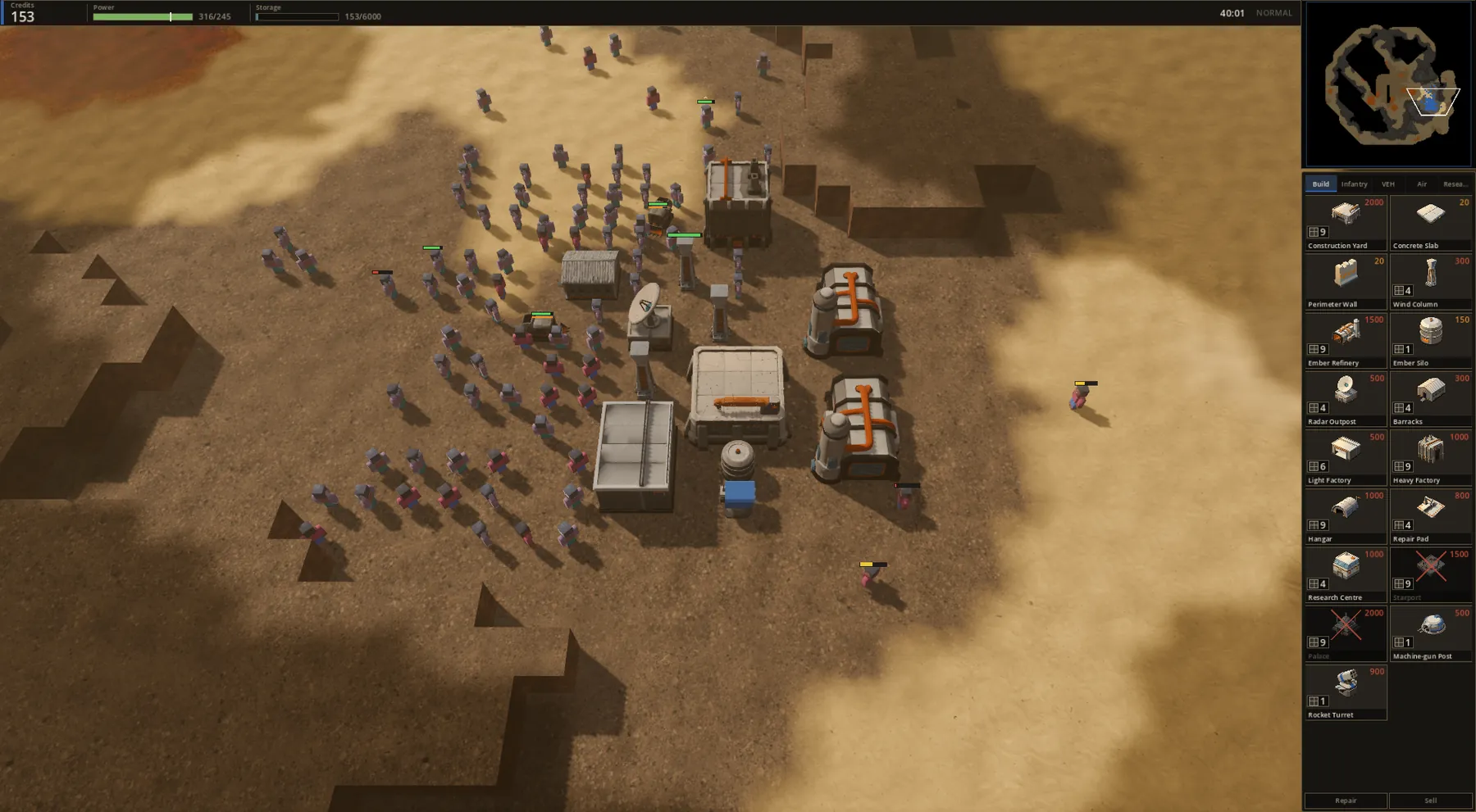 Sand Dynasty skirmish: a fortified base on the sand with infantry massing